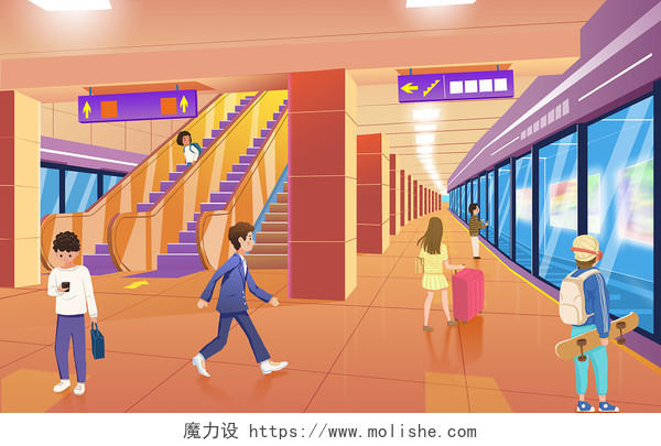 地铁站人们安心等待地铁到来JPG图片地铁插画